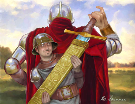 "Templar Aid"

Created for a collectable card game that was unfortunately cancelled before it saw print, this painting to be reproduced at a very small size portrays a squire being helpful to his knight by supplying him with a large broadsword. I wanted to accentuate the difference in physical sizes that these two guys might possess.